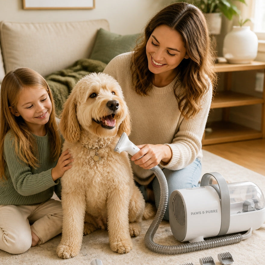 Paws & Purrz Advanced Pro 7-in-1 Pet Grooming Kit in use on a dog's coat