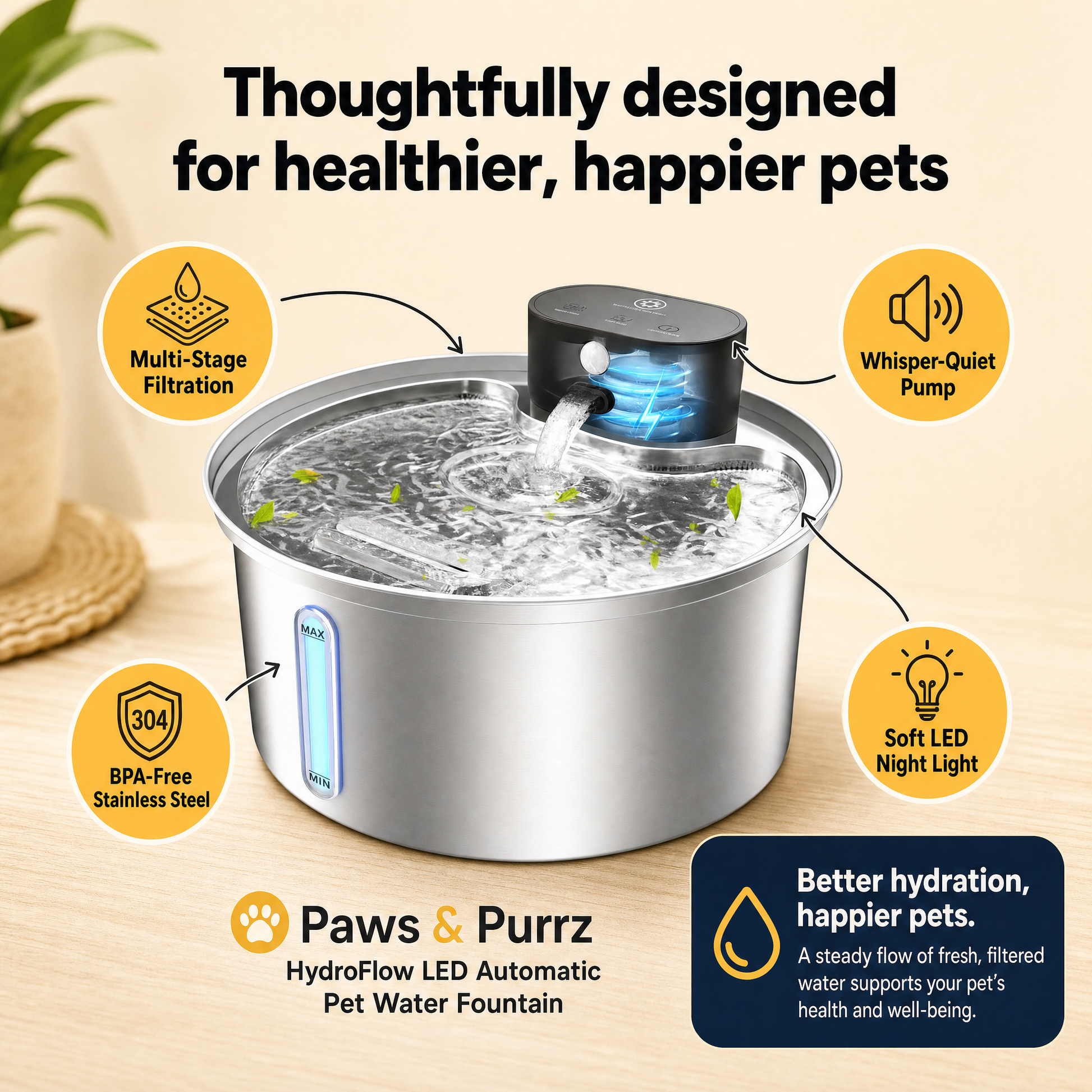 Paws & Purrz HydroFlow LED Automatic Pet Water Fountain