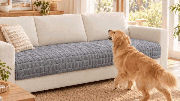 Golden retriever jumps onto the CosyRib cover, couch stays fur free