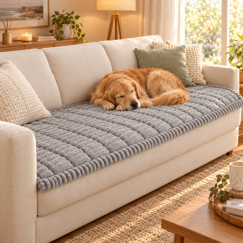 Golden retriever asleep on the CosyRib Couch Cover in Light Grey