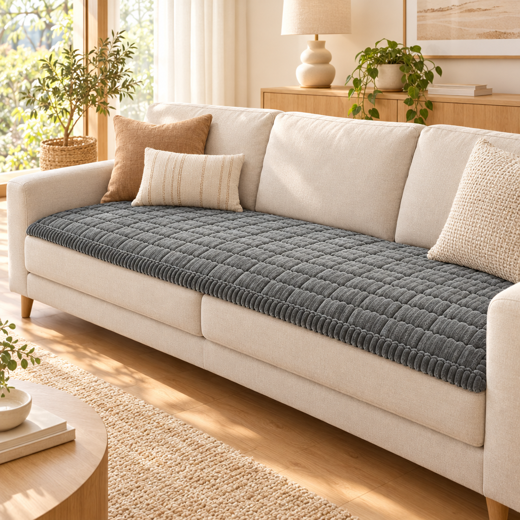 CosyRib Couch Cover in Dark Grey on a three seater couch
