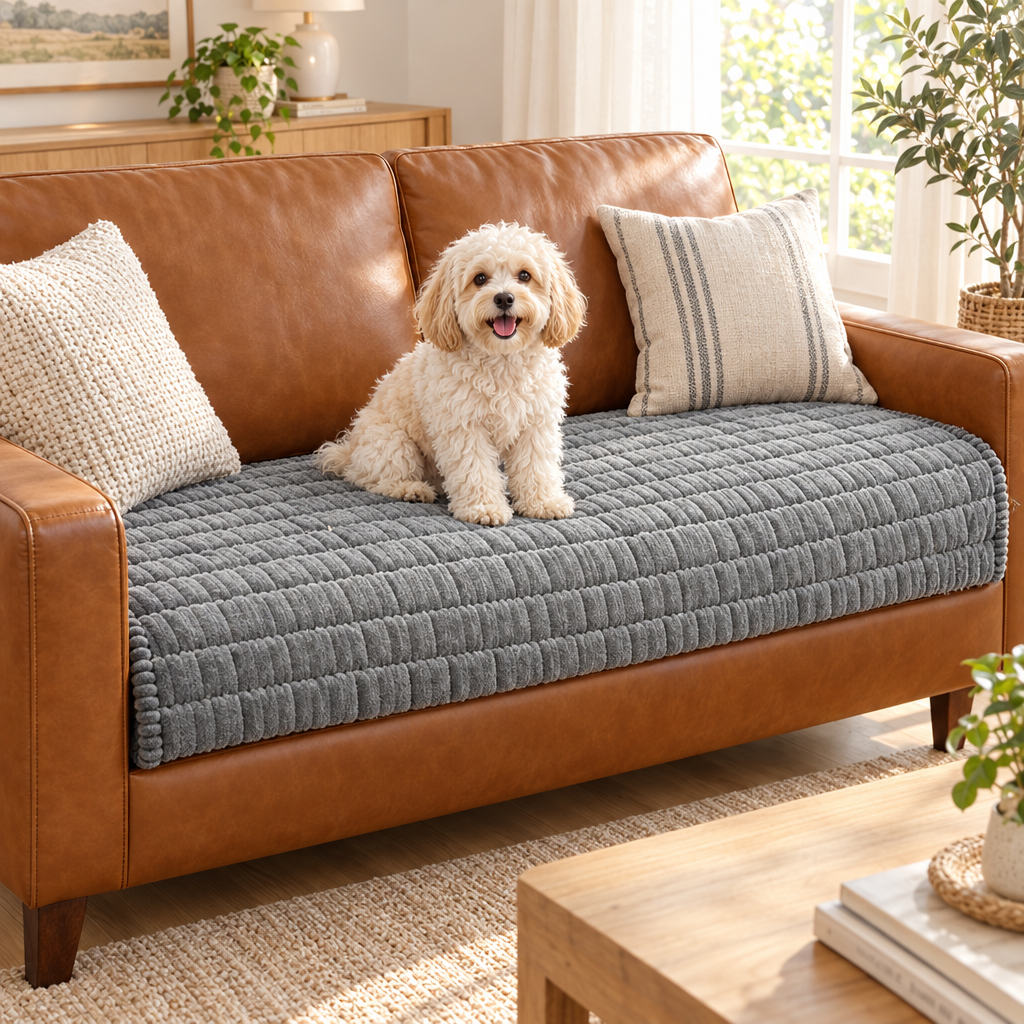 CosyRib Couch Cover in Grey on a leather couch with a small dog
