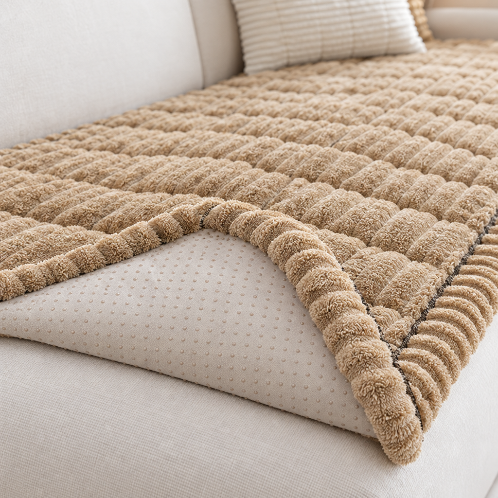 Non slip backing on the CosyRib Couch Cover in Dark Khaki
