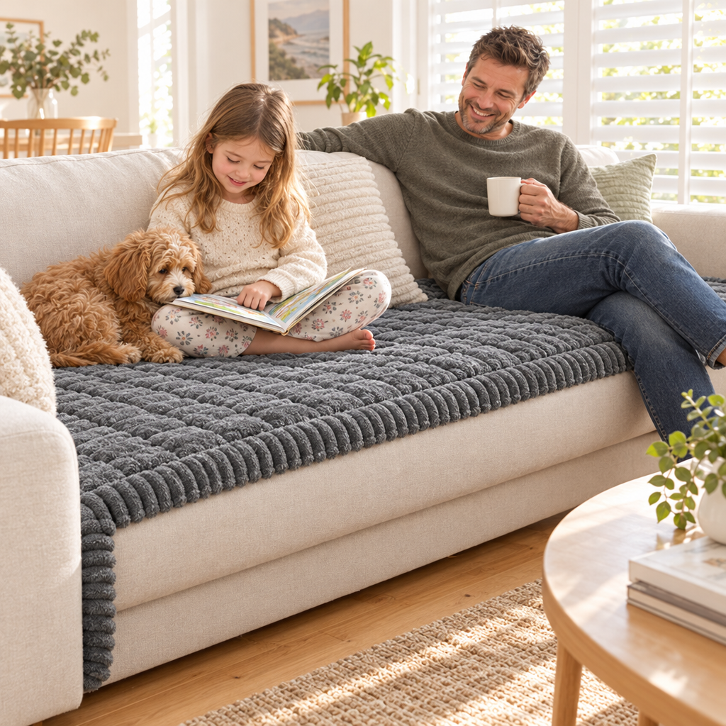 Girl reading with a puppy on the CosyRib Couch Cover in Dark Grey