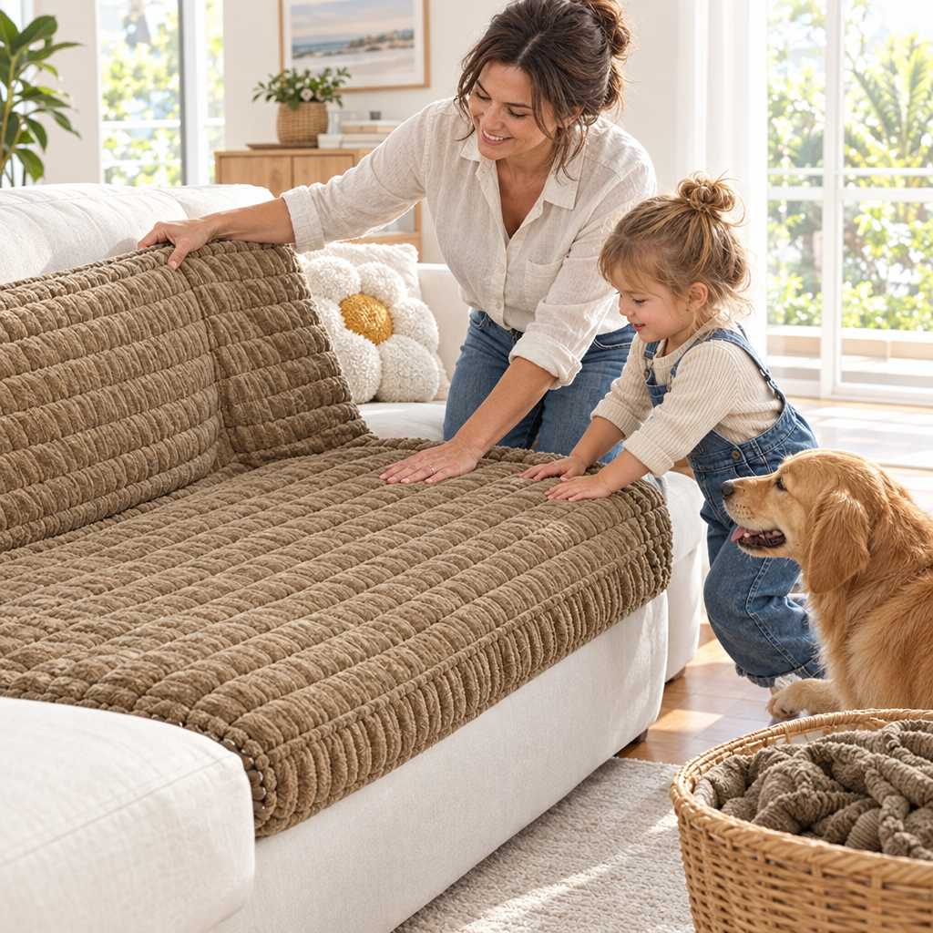 Putting a freshly washed CosyRib Couch Cover in Dark Khaki back on the couch