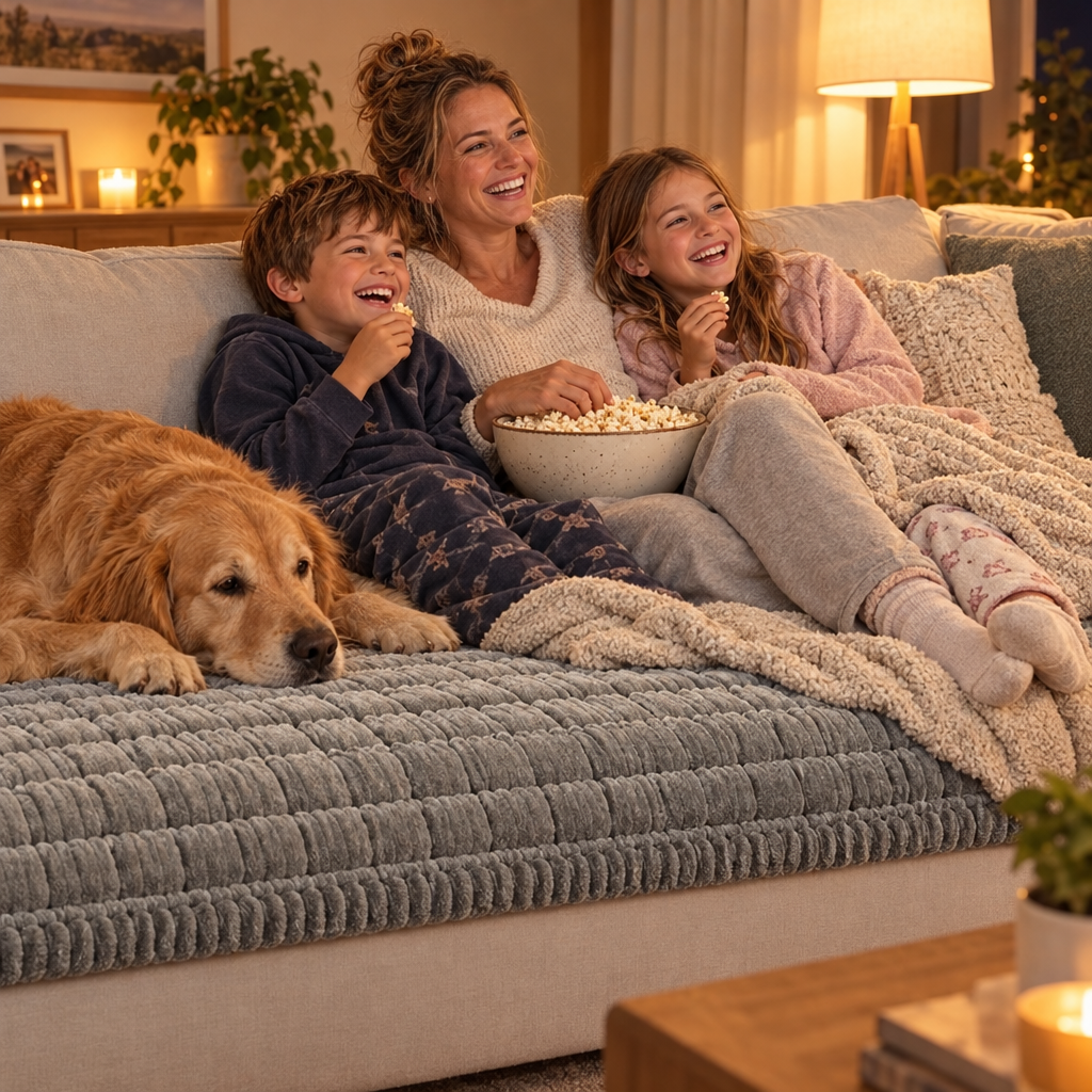 Family movie night on the CosyRib Couch Cover in Light Grey with a golden retriever