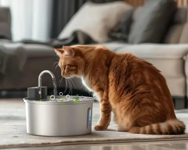 Silver pet water fountain with curved spout and digital display