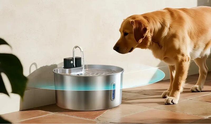 Stainless steel pet water fountain with a sleek, modern design and a glowing blue light accent.